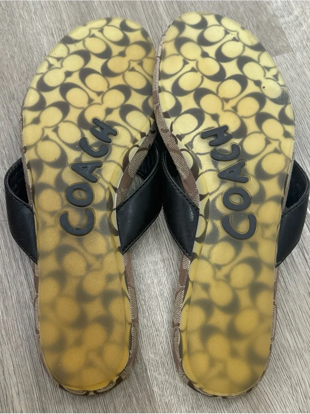 Coach Tan Signature Monogram Slide Sandals with Black Flower Charm